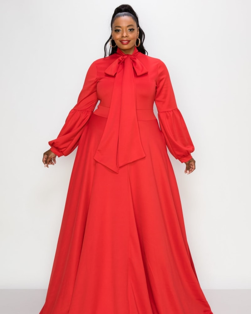 Front of a model wearing a size 1X Bella Donna Dress in Red by L I V D. | dia_product_style_image_id:283421